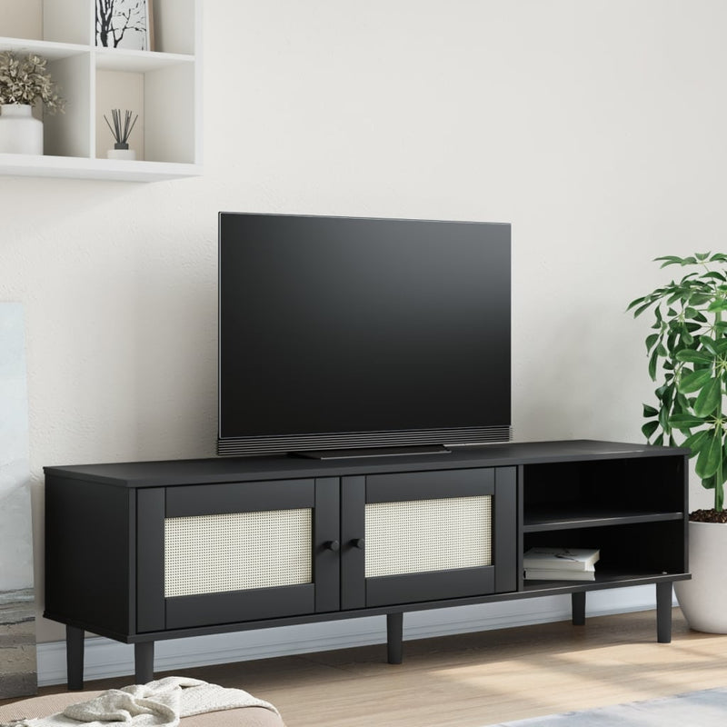 Tv-meubel SENJA 158x40x49 cm rattan-look massief grenen zwart MeubelReus