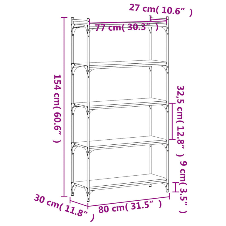 Boekenkast 5-laags 80x30x154 cm bewerkt hout zwart