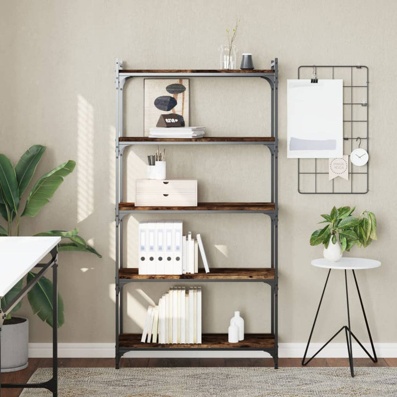 Boekenkast 5-laags 80x30x154 cm bewerkt hout gerookt eikenkleur