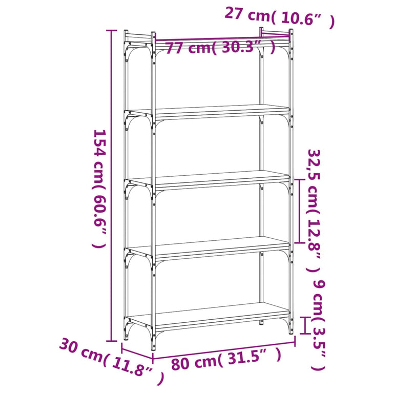 Boekenkast 5-laags 80x30x154 cm bewerkt hout bruineikenkleurig
