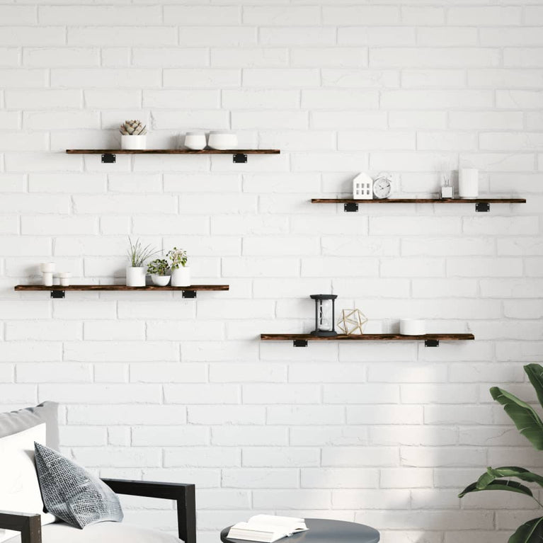 Wandschappen 4 st 80x10x1,5 cm bewerkt hout gerookt eikenkleur