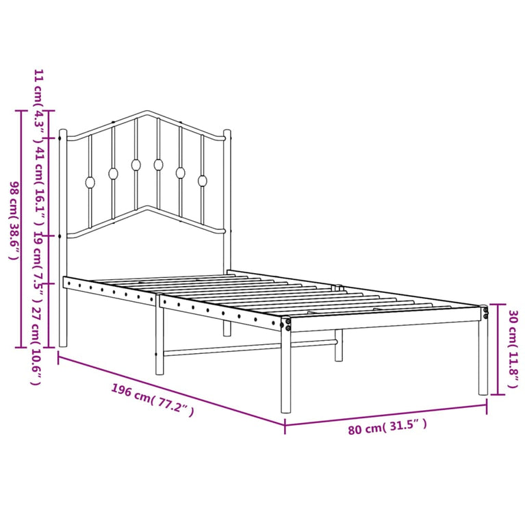 Bedframe met hoofdbord metaal zwart 75x190 cm