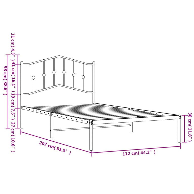 Bedframe met hoofdbord metaal zwart 107x203 cm