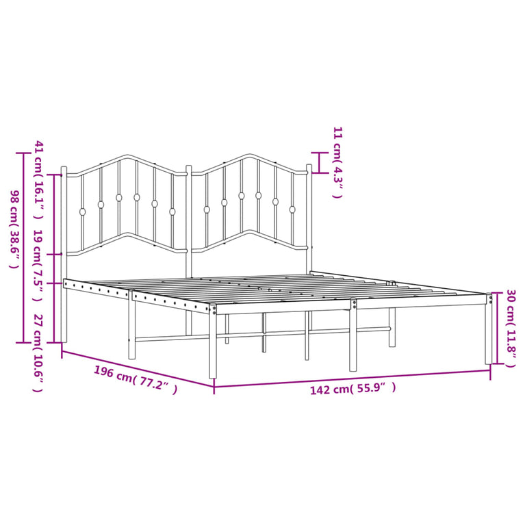 Bedframe met hoofdbord metaal zwart 135x190 cm