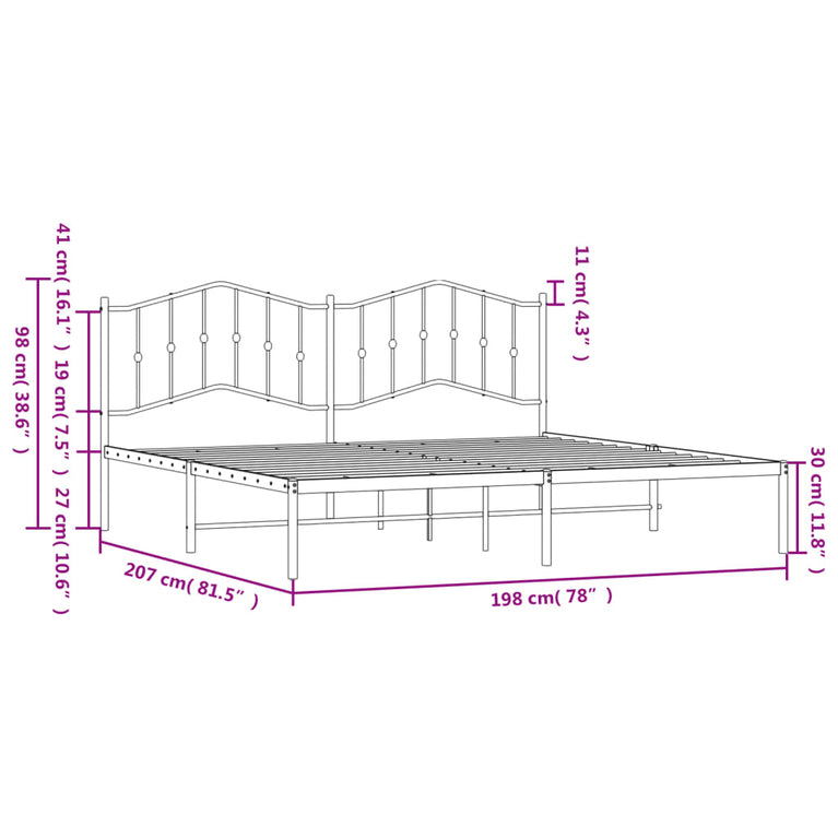Bedframe met hoofdbord metaal zwart 193x203 cm