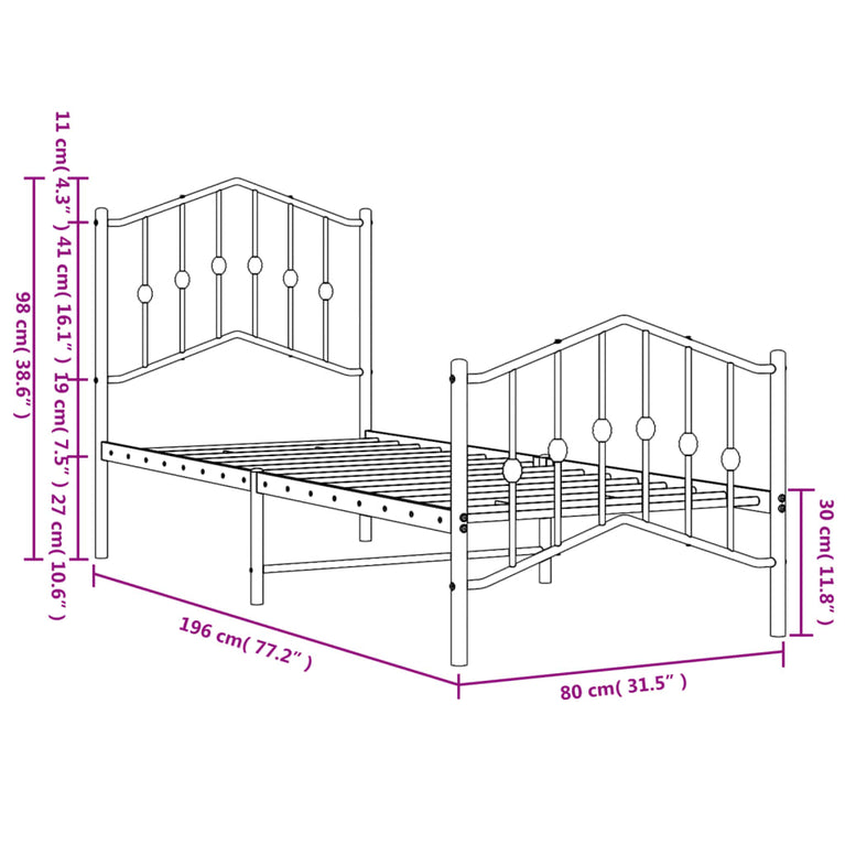 Bedframe met hoofd- en voeteneinde metaal zwart 75x190 cm