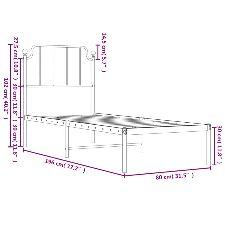 Bedframe met hoofdbord metaal zwart 75x190 cm