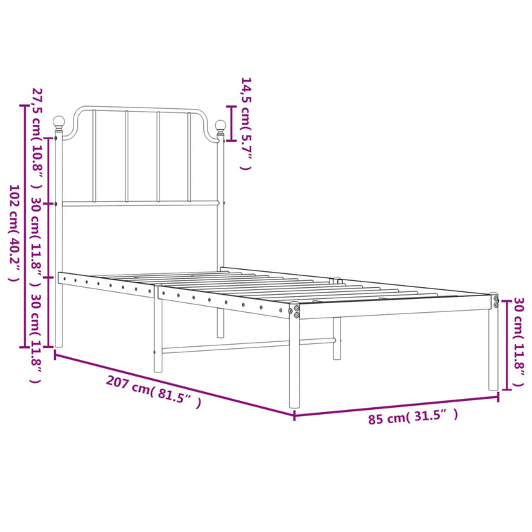 Bedframe met hoofdbord metaal zwart 80x200 cm