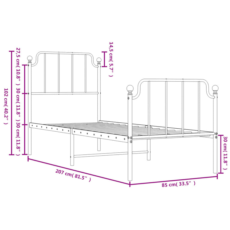 Bedframe met hoofd- en voeteneinde metaal zwart 80x200 cm