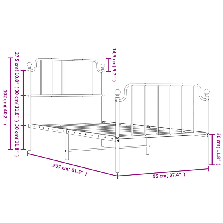Bedframe met hoofd- en voeteneinde metaal zwart 90x200 cm
