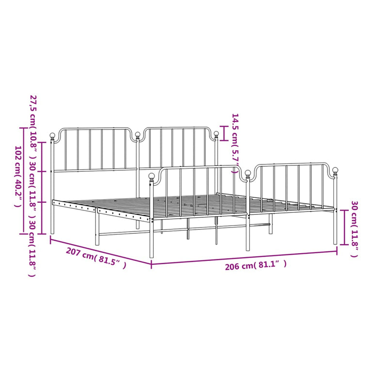 Bedframe met hoofd- en voeteneinde metaal zwart 200x200 cm