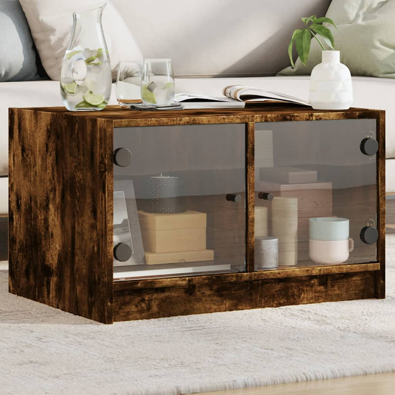 Salontafel met glazen deuren 68x50x42 cm gerookt eikenkleurig