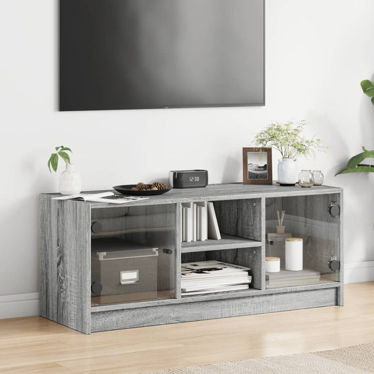 Tv-meubel met glazen deuren 102x37x42 cm grijs sonoma eiken