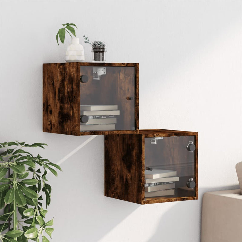 Nachtkastjes met glazen deuren 2 st 35x37x35 cm gerookt eiken