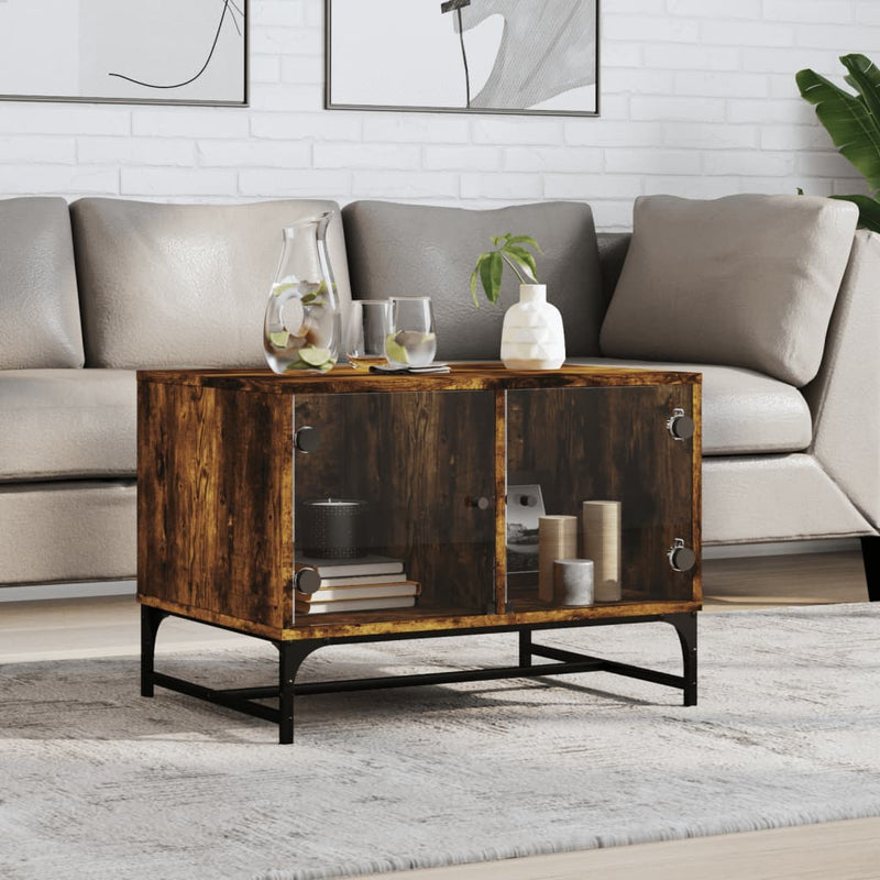 Salontafel met glazen deuren 68,5x50x50 cm gerookt eikenkleurig