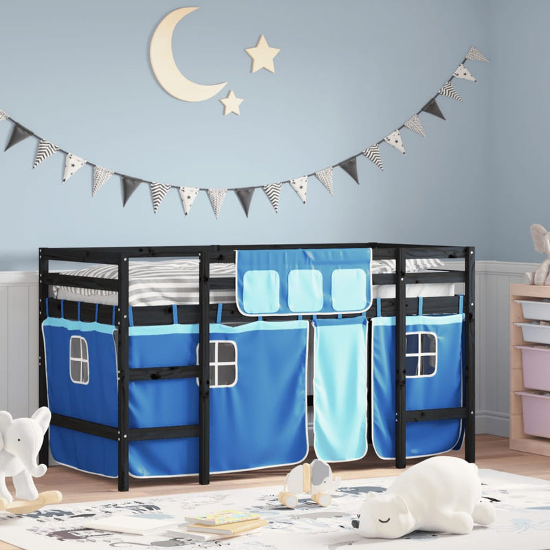 Kinderhoogslaper met gordijnen 80x200 cm grenenhout blauw