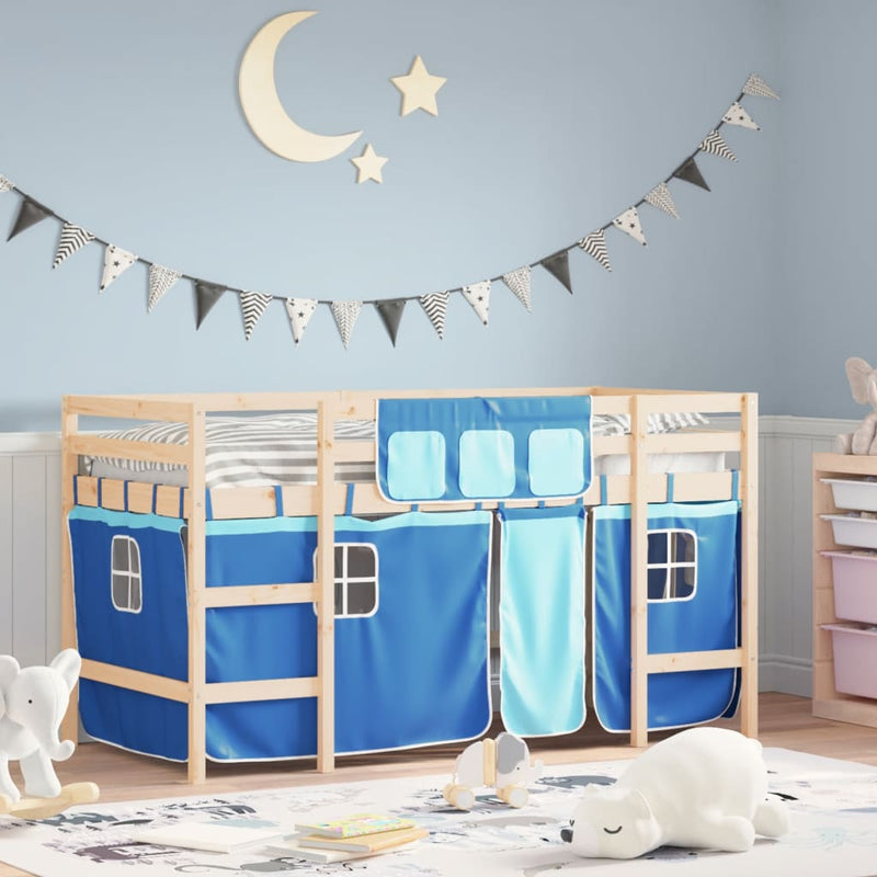 Kinderhoogslaper met gordijnen 90x200 cm grenenhout blauw