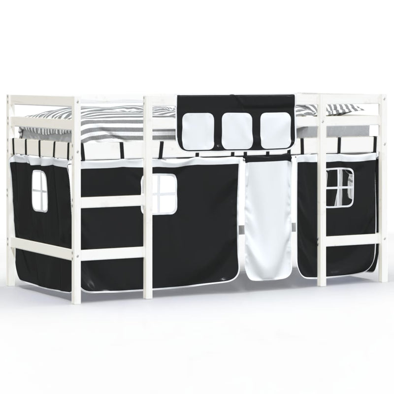 Kinderhoogslaper met gordijnen 90x200 cm grenenhout wit zwart