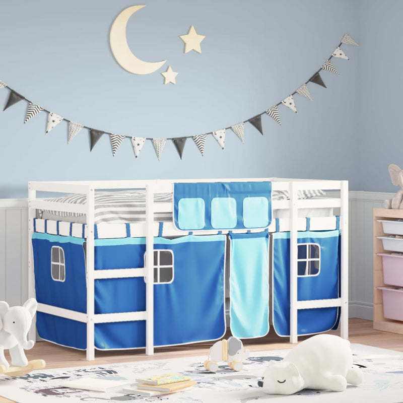 Kinderhoogslaper met gordijnen 90x200 cm grenenhout blauw