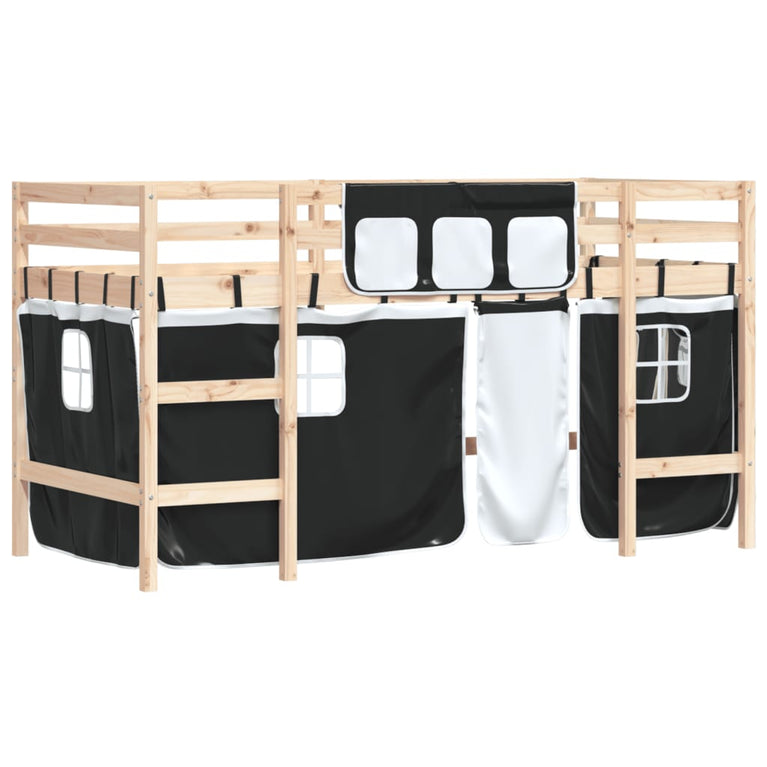 Kinderhoogslaper met gordijnen 90x190 cm grenenhout wit zwart