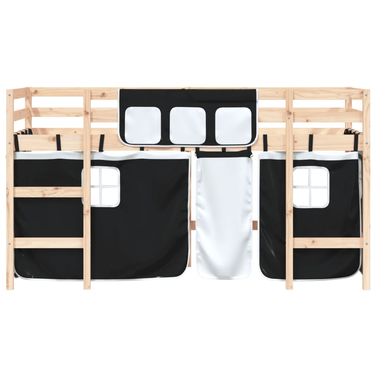 Kinderhoogslaper met gordijnen 90x190 cm grenenhout wit zwart