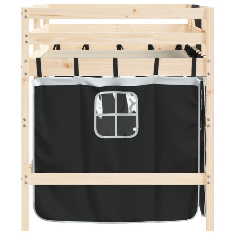 Kinderhoogslaper met gordijnen 90x190 cm grenenhout wit zwart
