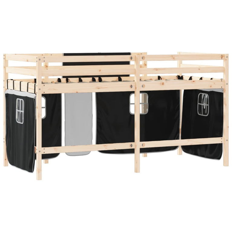 Kinderhoogslaper met gordijnen 90x190 cm grenenhout wit zwart