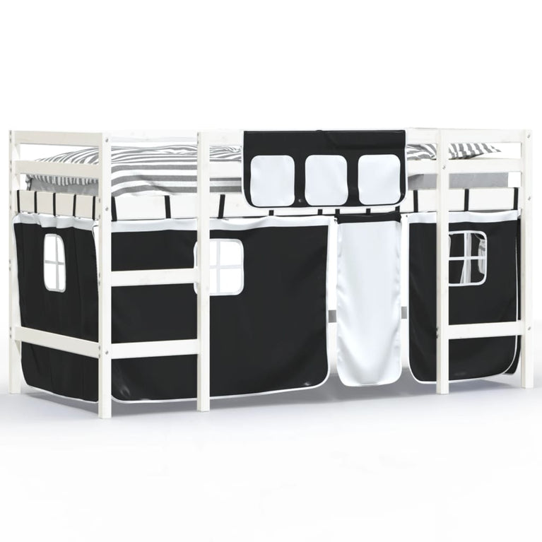 Kinderhoogslaper met gordijnen 90x190 cm grenenhout wit zwart