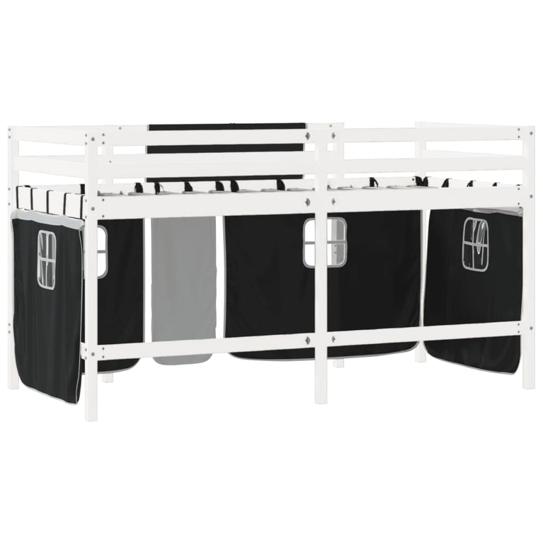 Kinderhoogslaper met gordijnen 90x190 cm grenenhout wit zwart
