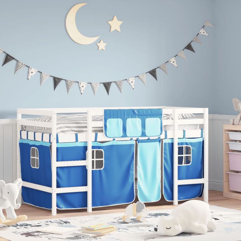 Kinderhoogslaper met gordijnen 90x190 cm grenenhout blauw