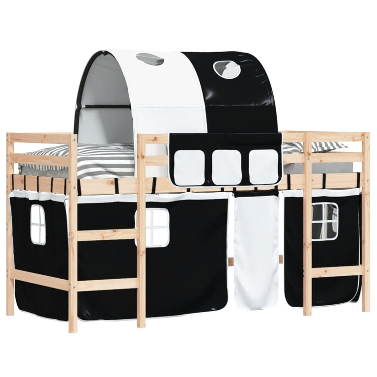 Kinderhoogslaper met tunnel 80x200 cm grenenhout wit en zwart