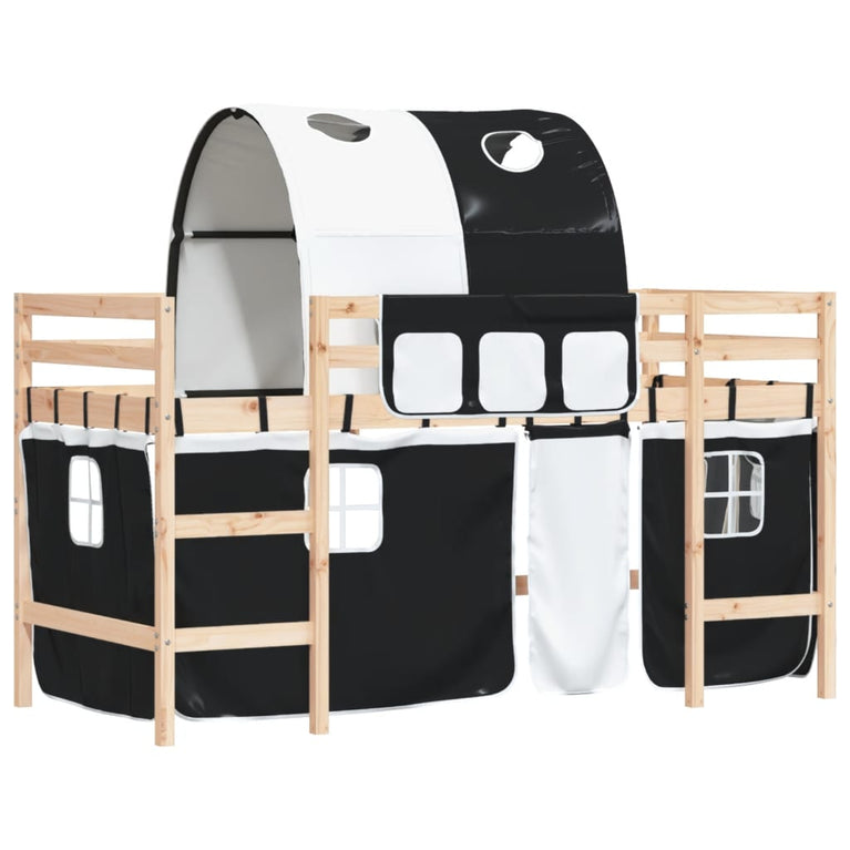 Kinderhoogslaper met tunnel 80x200 cm grenenhout wit en zwart