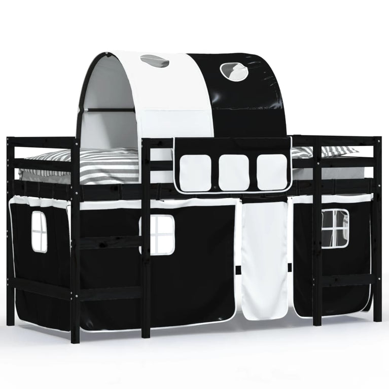 Kinderhoogslaper met tunnel 80x200 cm grenenhout wit en zwart