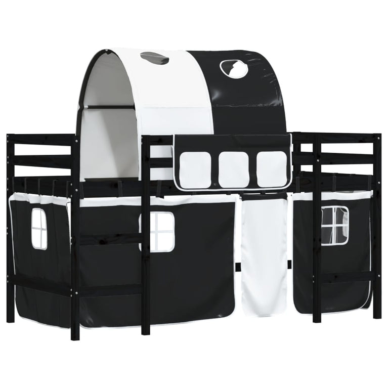 Kinderhoogslaper met tunnel 80x200 cm grenenhout wit en zwart
