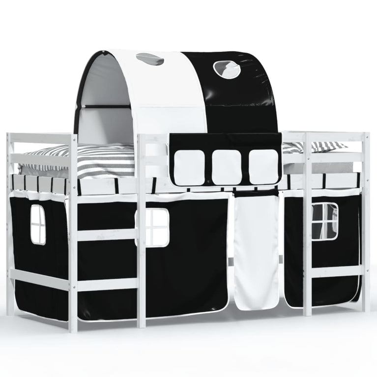 Kinderhoogslaper met tunnel 90x200 cm grenenhout wit en zwart