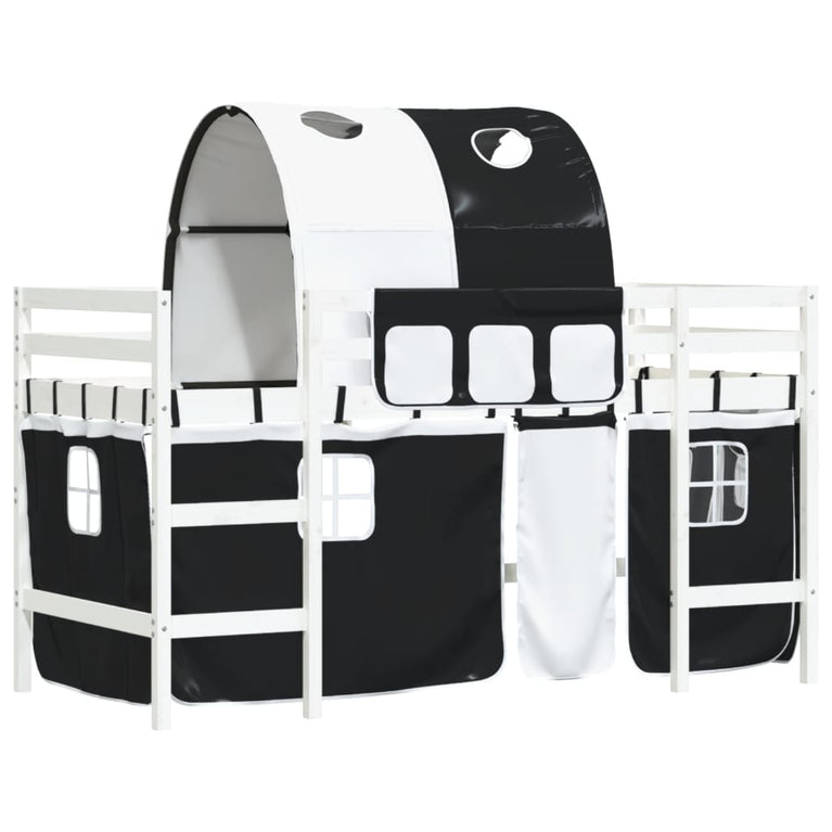 Kinderhoogslaper met tunnel 90x200 cm grenenhout wit en zwart
