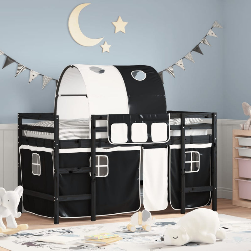 Kinderhoogslaper met tunnel 90x200 cm grenenhout wit en zwart