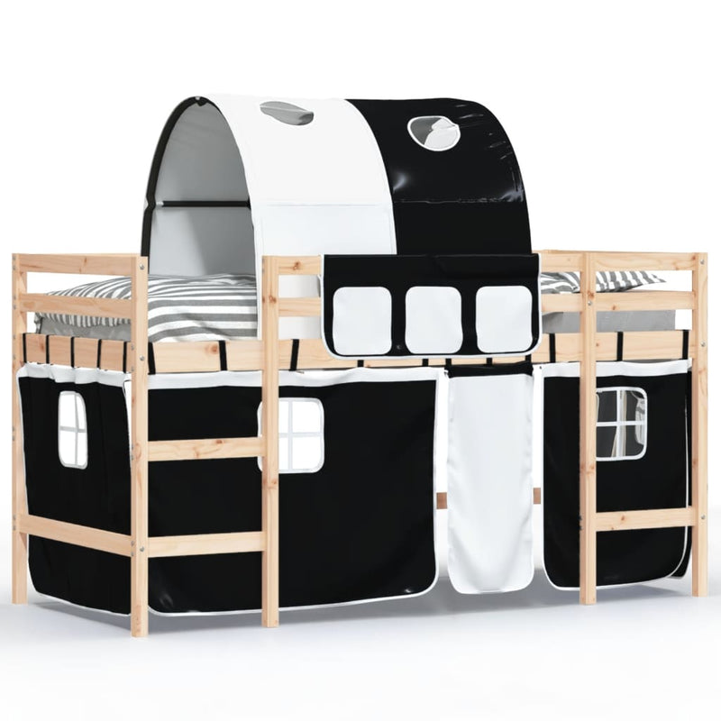 Kinderhoogslaper met tunnel 90x190 cm grenenhout wit en zwart