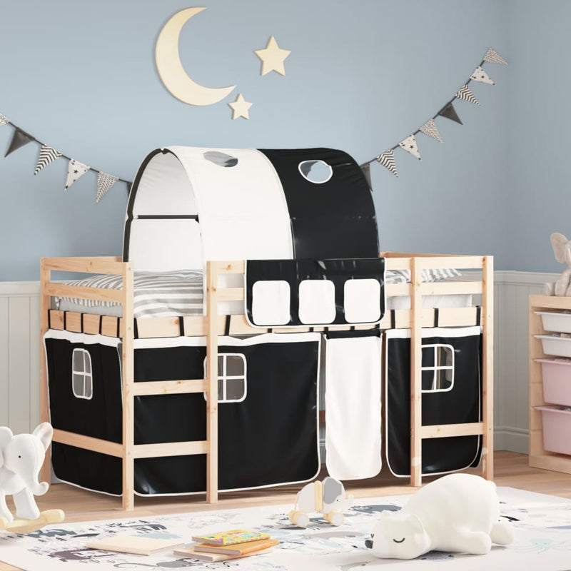 Kinderhoogslaper met tunnel 90x190 cm grenenhout wit en zwart