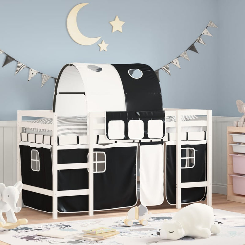 Kinderhoogslaper met tunnel 90x190 cm grenenhout wit en zwart