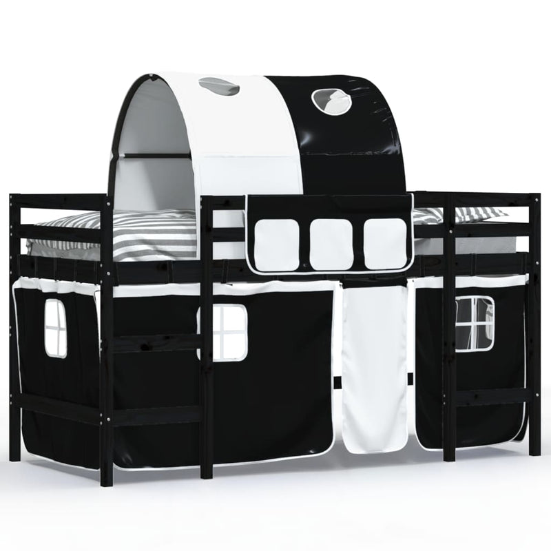 Kinderhoogslaper met tunnel 90x190 cm grenenhout wit en zwart