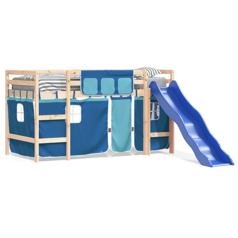 Kinderhoogslaper met gordijnen 90x200 cm grenenhout blauw