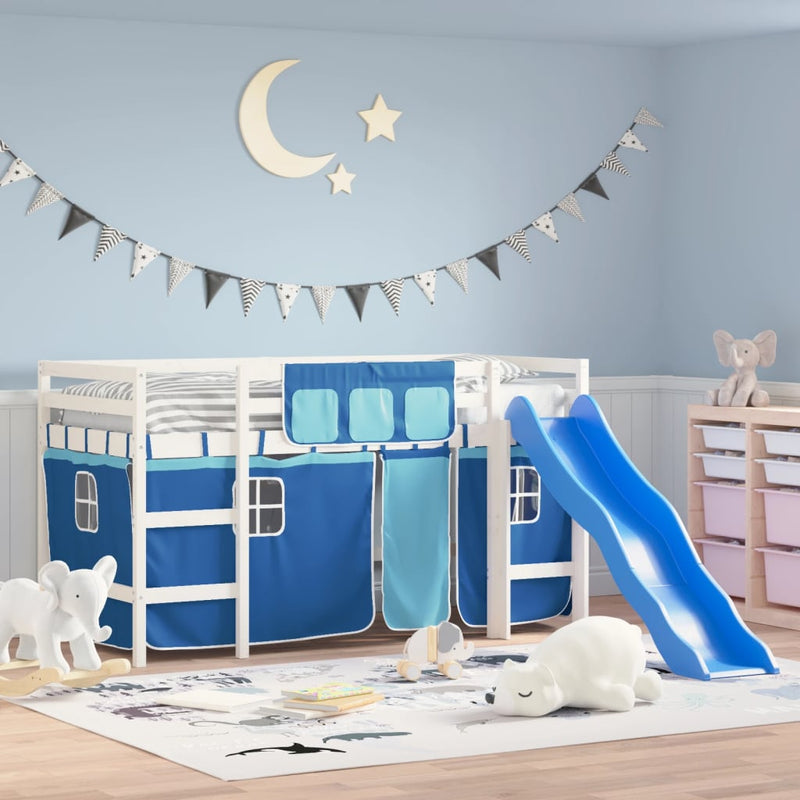 Kinderhoogslaper met gordijnen 90x200 cm grenenhout blauw