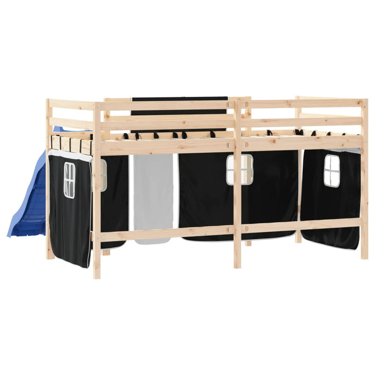 Kinderhoogslaper met gordijnen 90x190 cm grenenhout wit zwart