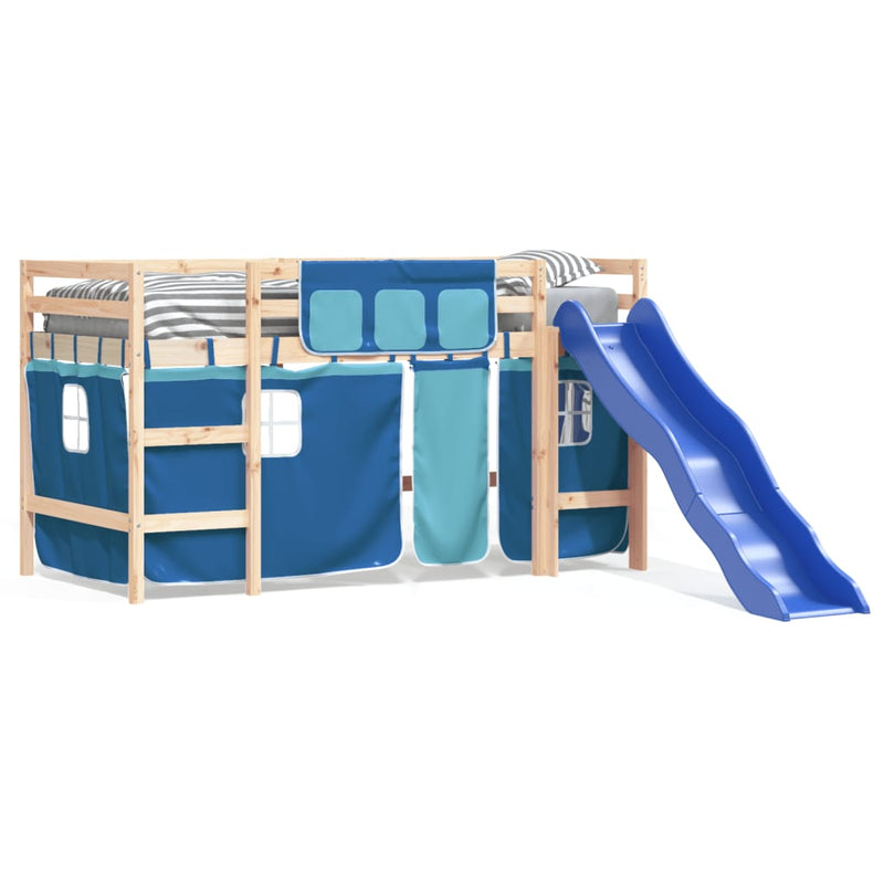 Kinderhoogslaper met gordijnen 90x190 cm grenenhout blauw