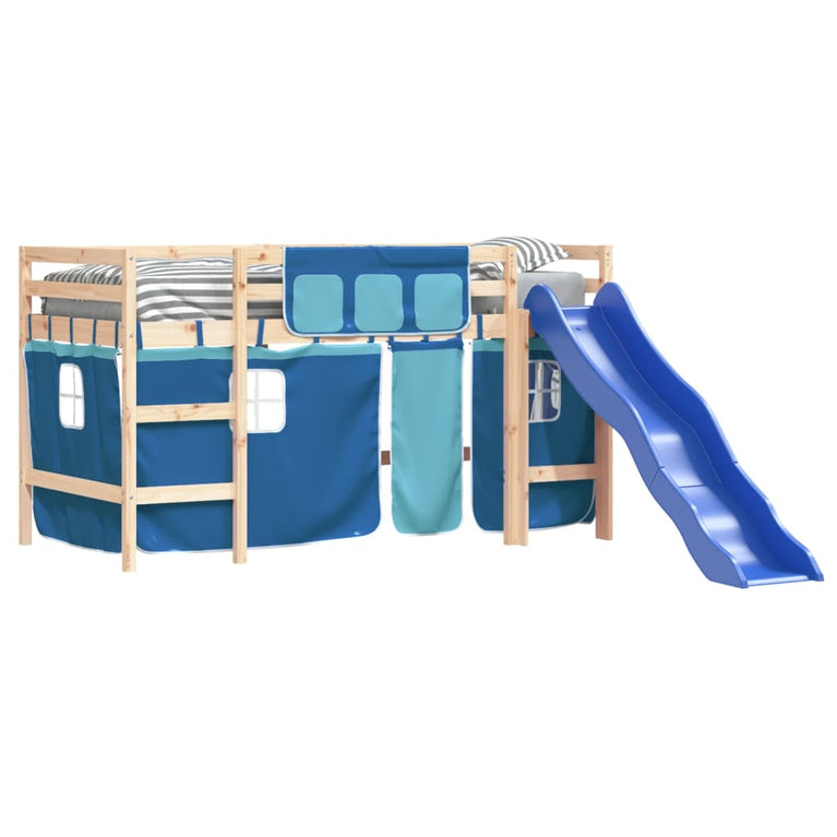 Kinderhoogslaper met gordijnen 90x190 cm grenenhout blauw