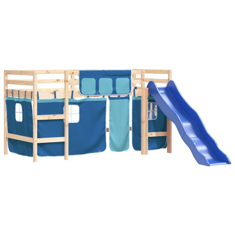 Kinderhoogslaper met gordijnen 90x190 cm grenenhout blauw