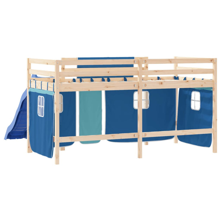 Kinderhoogslaper met gordijnen 90x190 cm grenenhout blauw