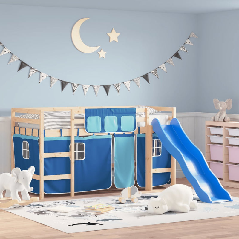 Kinderhoogslaper met gordijnen 90x190 cm grenenhout blauw