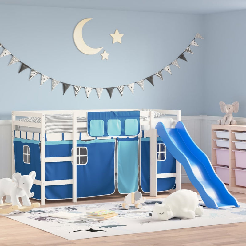 Kinderhoogslaper met gordijnen 90x190 cm grenenhout blauw